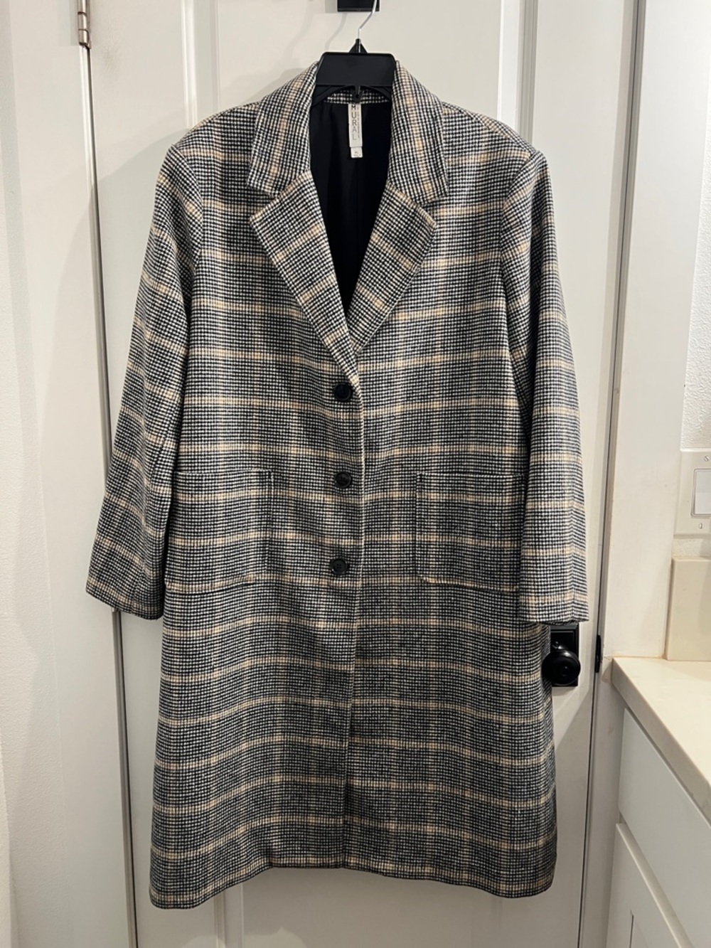 Mural Black, Gray & Cream Plaid Wool Blend Coat